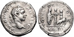 Caracalla. AD 198-217. AR Denarius (19mm, 3.28 g, 1h). Rome mint. Struck AD 208. Laureate head right / VOLTA SOLVT DEC, COS III, Caracalla standing right, sacrificing from patera over tripod; before, 