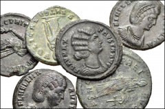 ROMAN. Imperial. Lot of six (6) bronze coins from Helena to Aelia Flacilla. Includes: Helena. Æ Follis (3) // Fausta. Æ Follis (2) // Aelia Flacilla. Æ 23mm. Near VF to VF, green patinas, some smoothi