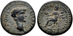 LYDIA, Mostene. Nero. As Caesar, AD 50-54. Æ (14mm, 2.90 g, 12h). Bare head of Nero right / Goddess seated left, holding grain ears and labrys. RPC II 2462; LS 4a. VF, attractive green patina. Very ra
