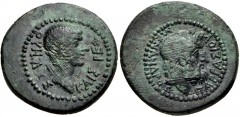 LYDIA, Tralles (as Caesarea). Vedius Pollio. Legate of Asia, circa 29/8-27 BC. Æ (21mm, 6.16 g, 12h). Menandros, son of Parrhasios, magistrate. Bare head of Vedius Pollio right; uncertain object behin