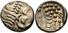 CELTIC, Durotriges. Uninscribed. Circa 65 BC-AD 45. Pale AV Stater (20mm, 5.73 g, 7h). Durotrigan E, Abstract (Cranborne Chase) type. Devolved head of Apollo right / Disjointed horse left; pellets abo