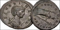 ROMAN. Imperial. Lot of two (2) Antoniniani of Severina. All coins: Ticinum mint. 5th emission, September-November AD 275. Draped bust right, wearing stephane, set on a crescent / Concordia standing f