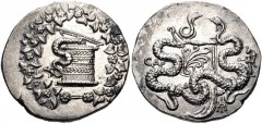 LYDIA, Sardes. Circa 166-67 BC. AR Tetradrachm (27mm, 12.06 g, 1h). Cistophoric type. Struck circa 135-128 BC. Cista mystica with serpent; all within ivy wreath / Bow-case with serpents; CAP to left; 