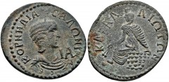 CILICIA, Carallia. Salonina. Augusta, AD 254-268. Æ 11 Assaria (33mm, 18.99 g, 1h). Draped bust right, wearing stephane; IA (mark of value) before / Tyche seated left of rocks, holding two poppies. SN