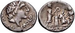 L. Pomponius Molo. 97 BC. AR Denarius (17mm, 3.88 g, 7h). Rome mint. Laureate head of Apollo right / Numa Pompilius, holding lituus, standing right before altar, about to sacrifice a goat being held b