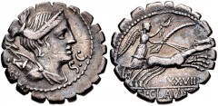 Ti. Claudius Ti.f. Ap.n. Nero. 79 BC. AR Serrate Denarius (19mm, 3.83 g, 6h). Rome mint. Diademed and draped bust of Diana right; quiver and bow terminating in stag’s head over shoulder / Victory driv