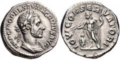 Macrinus. AD 217-218. AR Denarius (18mm, 3.94 g, 6h). Rome mint. 1st emission, AD 217. Laureate and cuirassed bust right / Jupiter standing left, holding thunderbolt and scepter; small figure of Macri