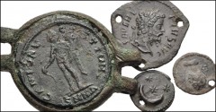 ROMAN. Provincial-Imperial. Lot of four (4) miscellaneous bronze coins. Includes: Æ Roman Tokens (both holed): Crude figure (Pan?) / Crescent moon and three stars // Draped bust of Mercury right / Cre