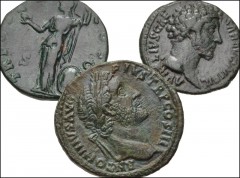 ROMAN. Imperial. Lot of three (3) bronze coins of Antoninus Pius and Marcus Aurelius. Includes: Antoninus Pius. Æ Sestertius. Salus seated // Marcus Aurelius, as Caesar. Æ Sestertius. Minerva standing