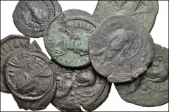 BYZANTINE. Lot of eight (8) bronze coins from Anastasius to the Anonymous series. Includes: Anastasius I. Half Follis (2) // Justinian I. Pentanummium // 16 Nummi (Thessalonica mint) // Anonymous. Fol