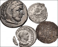 MIXED. Greek–Byzantine. Lot of four (4) silver coins. Includes: GREEK: Alexander III ‘the Great’. AR Tetradrachm. Posthumous issue // ROMAN IMPERIAL: Caracalla. Denarius. VIC PARTHICA // Balbinus. Den