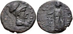 THESSALY, Koinon of Thessaly. temp. Tiberius. AD 14-37. Æ Assarion (19mm, 4.25 g, 1h). Lykoutos, strategos. Helmeted head of Athena right / Athena Itonia standing left, holding crowning Nike and shiel