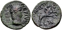 THESSALY, Koinon of Thessaly. Nero. AD 54-68. Æ Trihemiassarion(?) (22mm, 7.48 g, 6h). Aristion, strategos. Radiate head right / APIΣTIΩ[N]O[Σ], Taurokathapsia scene: the hero Thessalos jumping from h