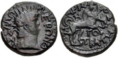 THESSALY, Koinon of Thessaly. Nero. AD 54-68. Æ Trihemiassarion(?) (20mm, 6.88 g, 12h). Aristion, strategos. Radiate head right / APIΣTIΩ/N–OΣ Σ–TPATH/ΓO–Y, Taurokathapsia scene: the hero Thessalos ju