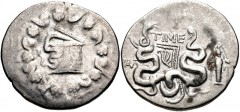 LYDIA, Tralleis. Circa 166-67 BC. AR Tetradrachm (29mm, 11.08 g, 1h). Cistophoric issue. Time–, prytanis. Cista mystica with serpent; all within ivy wreath / Two serpents entwined around bow and bowca