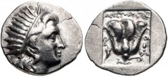 ISLANDS off CARIA, Rhodos. Rhodes. Circa 170-150 BC. AR Drachm (17mm, 2.81 g, 12h). ‘Plinthophoric’ coinage. Aristokritos, magistrate. Radiate head of Helios right / Rose with bud to right; APIΣTOKPIT