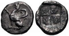 THRACE, Abdera. Circa 500-475 BC. AR Obol (9mm, 0.66 g). Griffin seated left, forepaw raised / Quadripartite incuse square. May, Abdera 57-8 var. (unlisted dies). VF, toned. From the Demetrios Armount