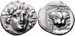 ISLANDS off CARIA, Rhodos. Rhodes. Circa 170-150 BC. AR Hemidrachm (13mm, 1.32 g, 12h). Plinthophoric coinage. Dexikrates, magistrate. Radiate head of Helios facing slightly right / Rose with bud to r
