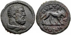 LYDIA, Thyateira. Pseudo-autonomous issue. 2nd-3rd centuries AD. Æ (14mm, 2.23 g, 6h). Head of Herakles right / Lion right. SNG Munich 578; SNG Copenhagen 586; SNG von Aulock 3208; BMC 40. VF, green p