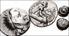 GREEK. Miscellaneous. Lot of four (4) silver coins. Includes: EUBOIA, Histiaia. AR Tetrobol // IONIA, Erythrai. AR Hemiobol or Trihemitartemorion // IONIA(?), Uncertain. AR Hemiobol // ISLANDS off CAR