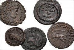 ROMAN. Imperial. Lot of five (5) bronze coins from Julian II to Valentinian II. Includes: Julian II // Valentinian I // Valens // Gratian // Valentinian II. Average VF. LOT SOLD AS IS, NO RETURNS. Fiv