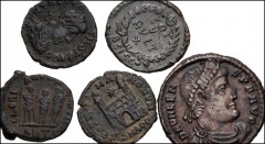 ROMAN. Imperial. Lot of five (5) bronze coins from Valens to Honorius. Includes: Valens // Valentinian II // Theodosius I // Magnus Maximus // Honorius. Near VF to VF, some roughness. LOT SOLD AS IS, 