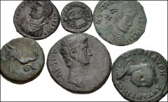 MIXED. Greek–Roman Imperial. Lot of six (6) bronze coins. Includes: GREEK: Ionia, Teos. Æ 18mm // ROMAN PROVINCIAL: Syria, Antioch. Augustus. Æ As // Uncertain Balkan mint. Elagabalus Æ 22 (brockage) 