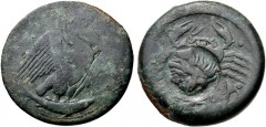 SICILY, Akragas. Circa 425/0-410/06 BC. Æ Hemilitron (30mm, 20.32 g, 3h). Eagle standing right on fish / Crab holding serpent in left claw; six pellets (mark of value) around, octopus and conch shell 