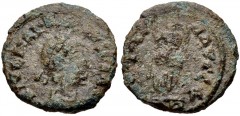 Majorian. AD 457-461. Æ Nummus (14mm, 1.58 g, 12h). Mediolanum (Milan) mint. Pearl-diademed, draped, and cuirassed bust right / Victory standing left, holding wreath and palm frond; [M]D. RIC X 2641; 