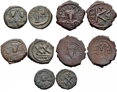 BYZANTINE. Lot of five (5) bronze coins from Justin II to Maurice Tiberius. Includes: JUSTIN II. Decanummium. Carthage mint. Struck 572-578. DOC 200; MIBE 80a; SB 400 // TIBERIUS II. Half Follis. Nico