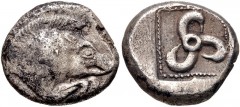 DYNASTS of LYCIA. Uncertain dynast. Circa 500-470/60 BC. AR Stater (19mm, 8.37 g). Forepart of boar right / Triskeles, with each leg terminating in a duck’s head, within pelleted square border within 