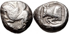 DYNASTS of LYCIA. Uncertain dynast. Circa 490/80-440/30 BC. AR Stater (17mm, 9.37 g, 4h). Pegasos flying left / Forepart of a bull left within pelleted square border within incuse square. Falghera 63;