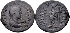 CILICIA, Coracesium. Valerian I. AD 253-260. Æ 11 Assaria (32mm, 15.60 g, 12h). Laureate, draped and cuirassed bust right; IA (mark of value) before / Poseidon standing left, holding dolphin and tride