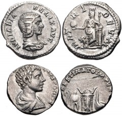 ROMAN. Imperial. Lot of two (2) AR Denarii of Julia Domna & Caracalla. Includes: Julia Domna. Augusta, AD 193-217. AR Denarius. Rome mint. Struck AD 211-215. Draped bust right / MATRI DEVM, Cybele, ho