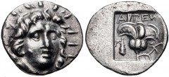 ISLANDS off CARIA, Rhodos. Rhodes. Circa 170-150 BC. AR Hemidrachm (13mm, 1.22 g, 12h). ‘Plinthophoric’ coinage. Artemon, magistrate. Radiate head of Helios facing slightly right / Rose with bud to ri