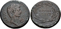 The Triumvirs. Octavian and Divus Julius Caesar. 38 BC. Æ Sestertius (30mm, 19.52 g, 4h). Southern Italian mint(?). Bare head of Octavian right, wearing slight beard; star of eight rays before / DIVOS