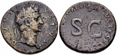Divus Augustus. Died AD 14. Æ Sestertius (33mm, 25.28 g, 7h). Rome mint. Restitution issue struck under Nerva, AD 98. Laureate head of Augustus right / Legend around large S•C. RIC II 136 (Nerva). Fin