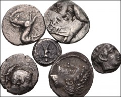 GREEK. Miscellaneous. Lot of six (6) silver fractions. Includes: LUCANIA, Poseidonia. Obol // MACEDON, Skione. Hemiobol // DYNASTS of LYCIA, Kherai(?). Obol // CILICIA, Kelenderis. Obol // Uncertain C