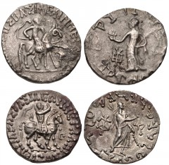 CENTRAL ASIAN. Indo-Skythian. Lot of two (2) AR Tetradrachms of Azes. Includes: King of horseback right / City goddess standing left. Senior 82.311T(?) // King on horseback right / Poseidon standing r