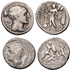 ROMAN. Republic. Lot of two (2) AR Denarii. Both Rome mint. Includes: L. VALERIUS FLACCUS. 108-107 BC. Bust of Victory right / Mars flanked by flamen’s cap and grain ear. Crawford 306/1; Sydenham 565;