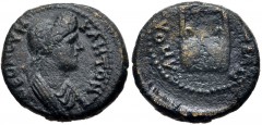 LYDIA, Apollonis. Pseudo-autonomous issue. temp. Domitia, AD 82-96. Æ (16mm, 2.80 g, 12h). Draped bust of Senate right, with the features of Domitia / Lyre. RPC II 951; SNG Copenhagen 20. VF, dark gre