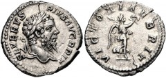 Septimius Severus. AD 193-211. AR Denarius (19mm, 2.64 g, 7h). Rome mint. Struck circa AD 210-211. Laureate head right / VICTORIAE BRIT, Victory advancing right, holding wreath and palm frond. RIC IV 
