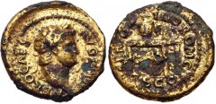 Nero. AD 54-68. Gilt Æ Semis (19mm, 3.35 g, 6h). Rome mint. Struck circa AD 64. Laureate head right / Table bearing urn and wreath; on front of left panel, two gryphons standing vis-à-vis; round shiel