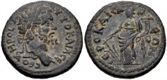 LYDIA, Hierocaesarea. Septimius Severus. AD 193-211. Æ (19mm, 3.75 g, 6h). Laureate head right / Tyche standing left, holding rudder and cornucopia. SNG Munchen –; BMC –; SNG Copenhagen –; SNG von Aul
