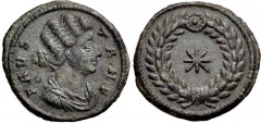 Fausta. As nobilissima femina, AD 307-324. Æ Follis (20mm, 2.96 g, 6h). Thessalonica mint. Struck under Constantine I, AD 318-319. FAVS TA N F, draped bust right / Eight-pointed star within laurel wre