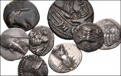 ORIENTAL GREEK. Parthia. Lot of eight (8) coins. Various Parthian AR Drachms (6) and an Æ Tetrachalkon. Lot also includes an Elymaian BI Tetradrachm. Average VF, heavy cleaning scratches on the bronze