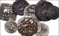 ORIENTAL GREEK. Baktria. Lot of nine (9) silver coins. Includes: Euthydemos I. Drachm // Same. Hemidrachm // Demetrios I. Obol // Eukratides I. Hemidrachm (3) // Apollodotos I. Drachm // Menander I. D