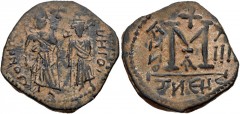 SASANIAN KINGS. temp. Husrav (Khosrau) II. AD 590-628. Æ Follis (29mm, 10.17 g, 6h). Imitating a Byzantine follis of Heraclius with Heraclius Constantine. Uncertain Syrian mint. Struck during the Sasa