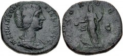Manlia Scantilla. Augusta, AD 193. Æ Sestertius (29mm, 22.28 g, 12h). Rome mint. Struck under Didius Julianus. Draped bust right / Juno standing left, holding patera and scepter; to left, peacock at f