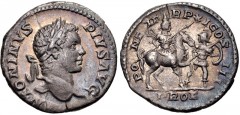 Caracalla. AD 198-217. AR Denarius (18mm, 2.66 g, 7h). Rome mint. Struck AD 208. Laureate head right / Caracalla on horseback right, holding spear; before horse, soldier or Virtus standing right, head